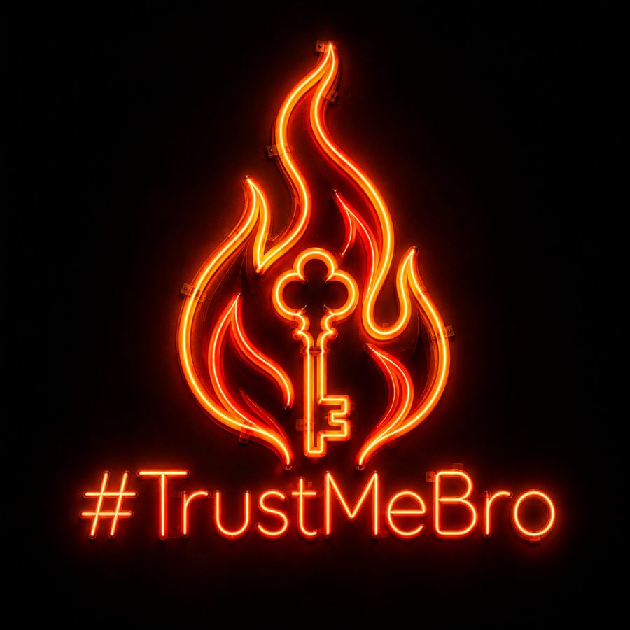 Neon window sign: flame with a skeleton key, hashtag Trust Me Bro
